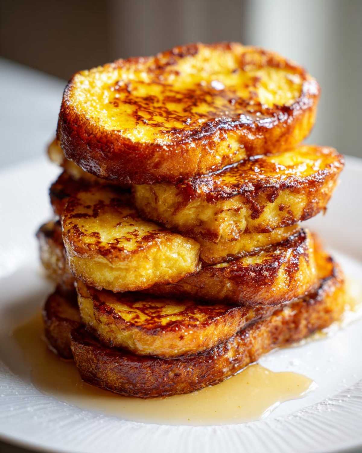 A tall stack of golden brown easy french toast drizzled with syrup and dusted with powdered sugar.
