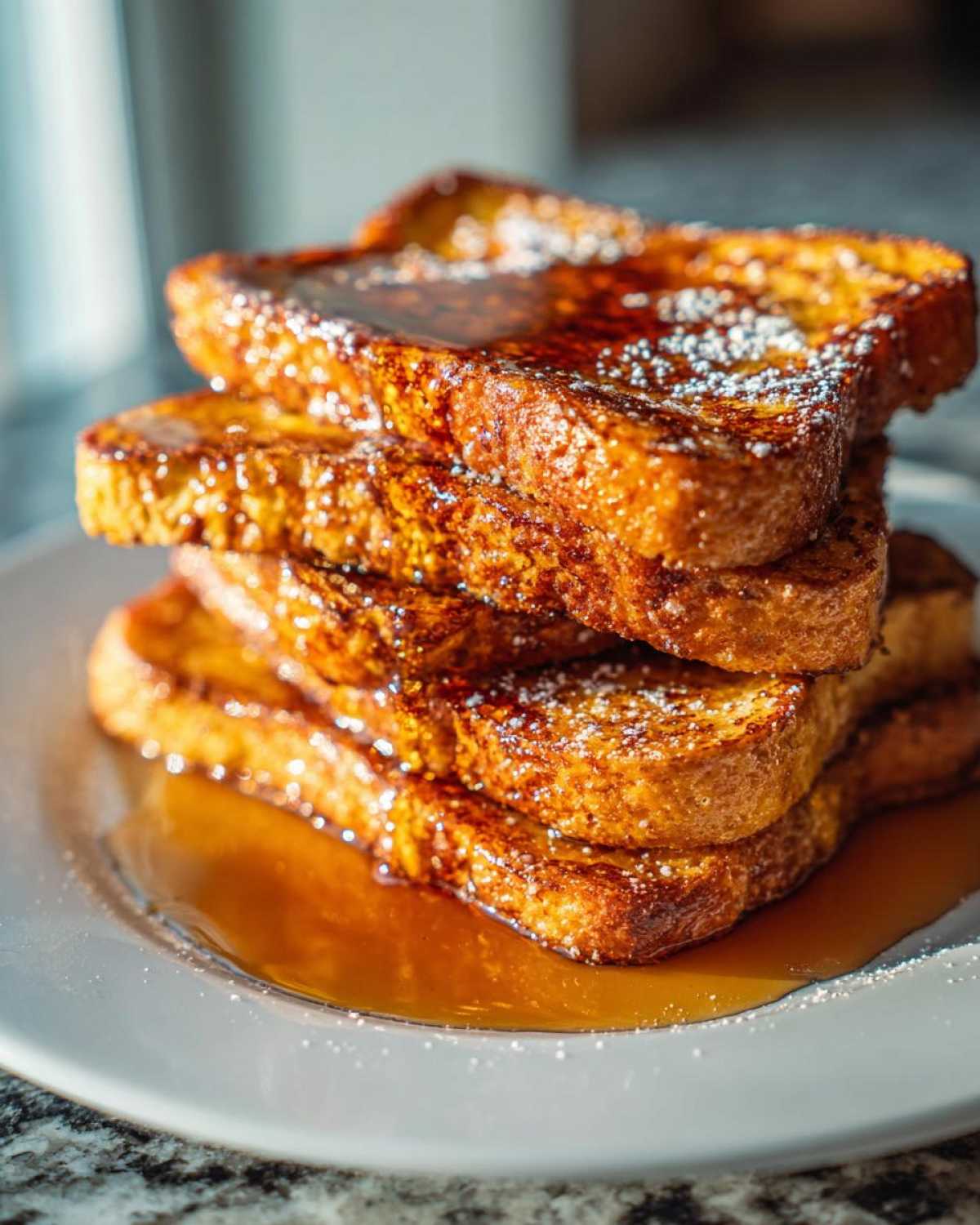 A tall stack of golden brown easy french toast drizzled with syrup and dusted with powdered sugar.