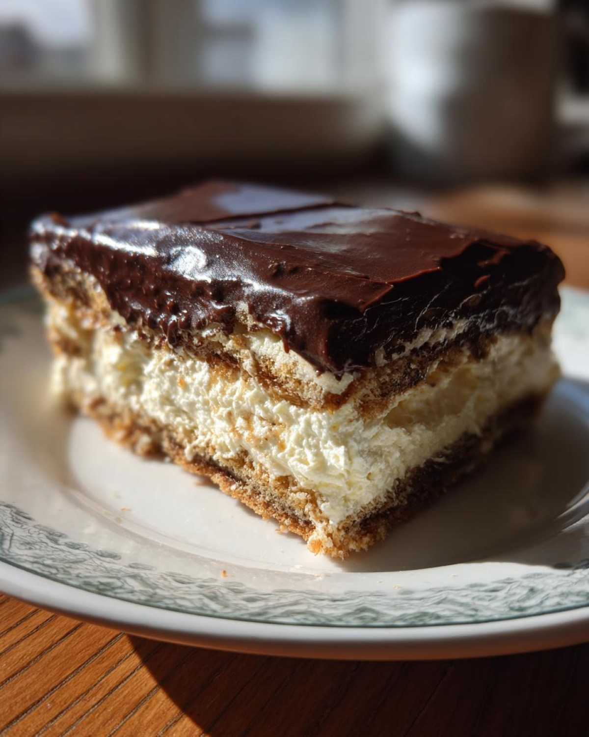 A single serving slice of eclair cake with graham cracker layers, creamy filling, and shiny chocolate frosting.