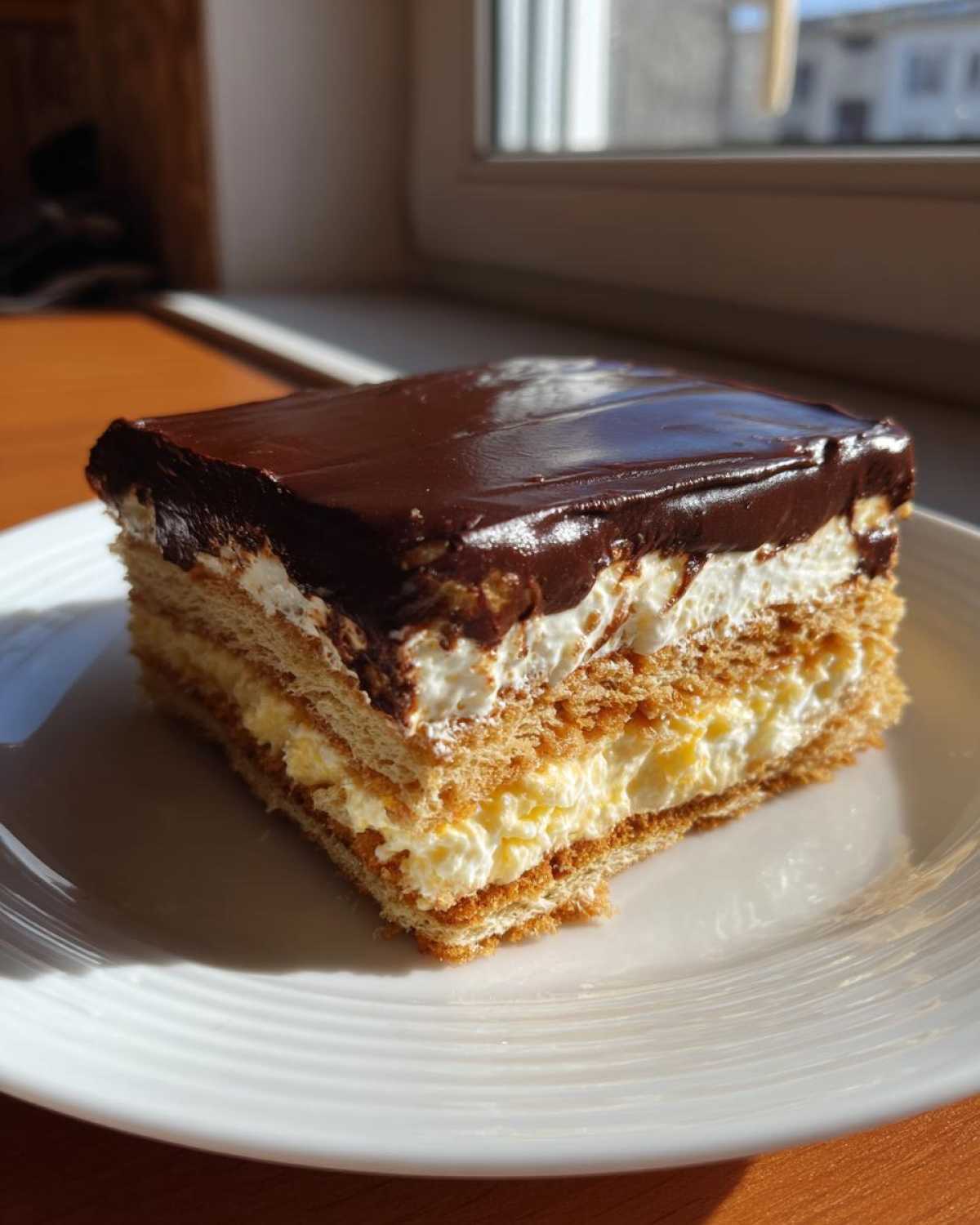 A cross-section slice of a layered eclair cake with vanilla cream, whipped topping, and rich chocolate glaze.