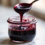 A spoonful of thick, dark purple elderberry syrup dripping back into a small glass jar.