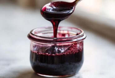 A spoonful of thick, dark purple elderberry syrup dripping back into a small glass jar.