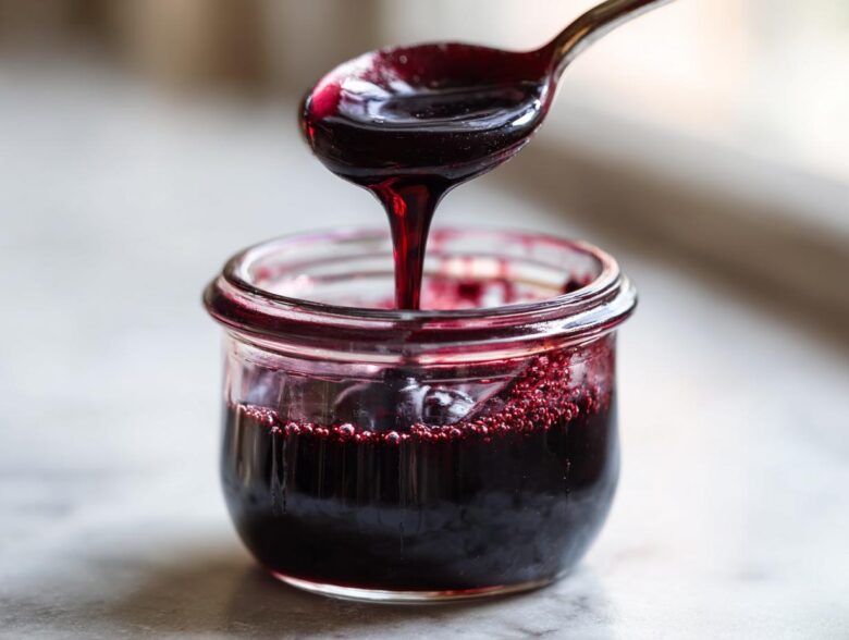 A spoonful of thick, dark purple elderberry syrup dripping back into a small glass jar.