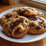 A plate of gooey, thick homemade chocolate chip cookies with melted chocolate chunks, set near a window.