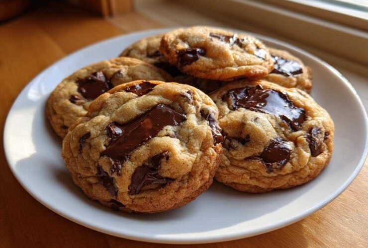 A plate of gooey, thick homemade chocolate chip cookies with melted chocolate chunks, set near a window.