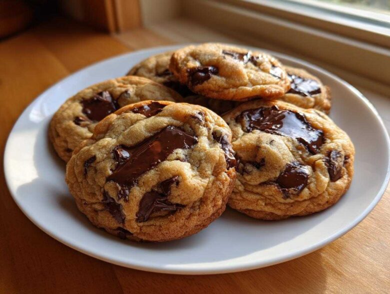 A plate of gooey, thick homemade chocolate chip cookies with melted chocolate chunks, set near a window.