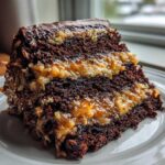 Close-up of a decadent slice of german chocolate cake recipe with dark layers and coconut-pecan filling.