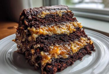 Close-up of a decadent slice of german chocolate cake recipe with dark layers and coconut-pecan filling.