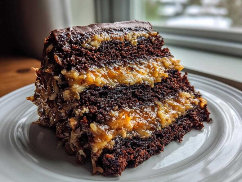 Close-up of a decadent slice of german chocolate cake recipe with dark layers and coconut-pecan filling.