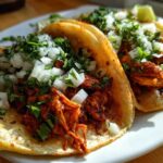 Two delicious chicken tacos filled with shredded seasoned chicken, topped with diced white onion and cilantro.