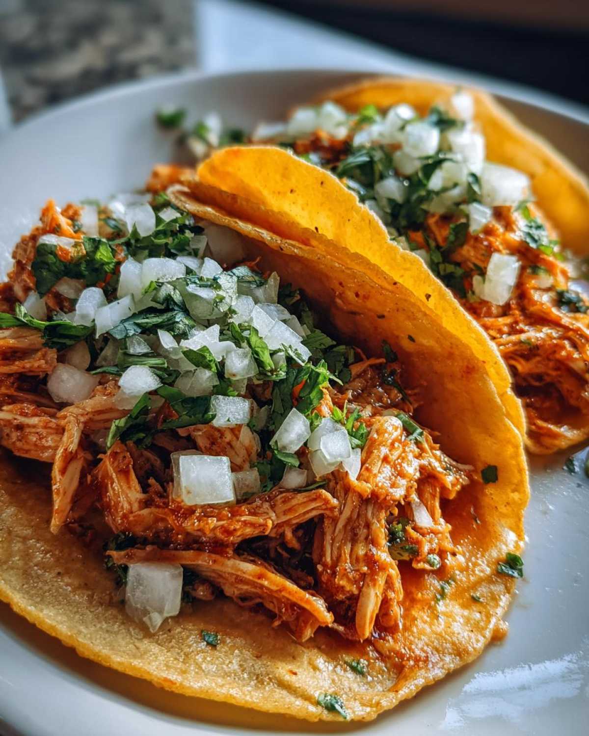 Two delicious chicken tacos filled with shredded, saucy meat, topped with diced white onion and cilantro.