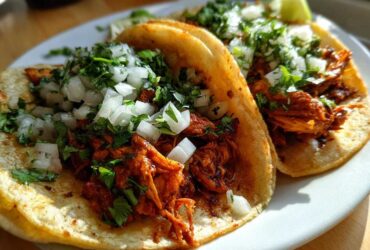Two delicious chicken tacos filled with shredded seasoned chicken, topped with diced white onion and cilantro.