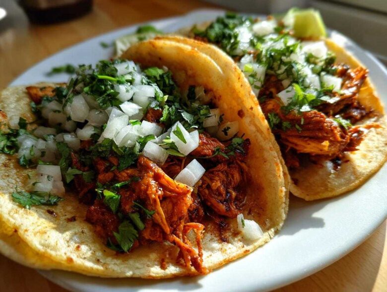 Two delicious chicken tacos filled with shredded seasoned chicken, topped with diced white onion and cilantro.