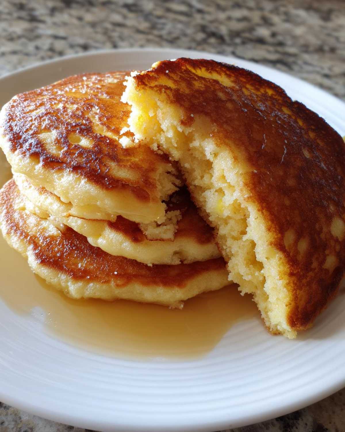 Close-up of a stack of three golden brown almond flour pancakes, one broken open to show the fluffy interior, drizzled with syrup.