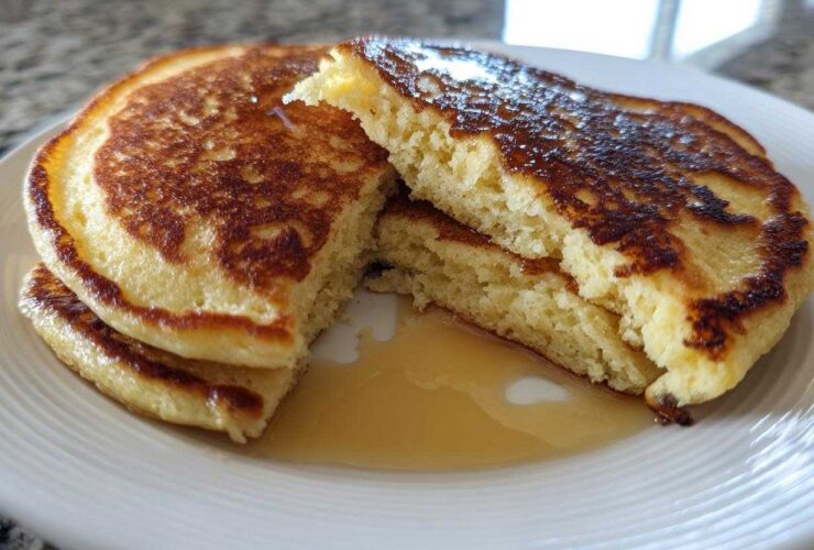Close-up of a stack of fluffy almond flour pancakes, cut open to show the texture, drizzled with syrup.