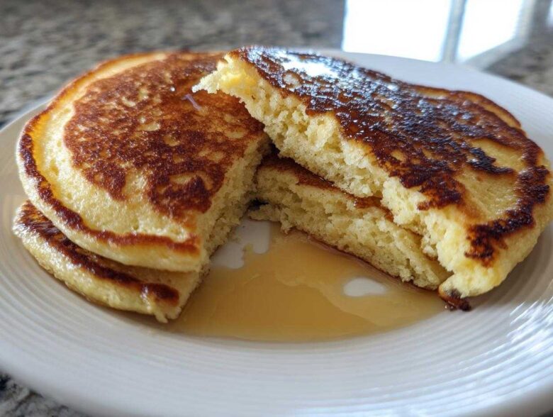 Close-up of a stack of fluffy almond flour pancakes, cut open to show the texture, drizzled with syrup.