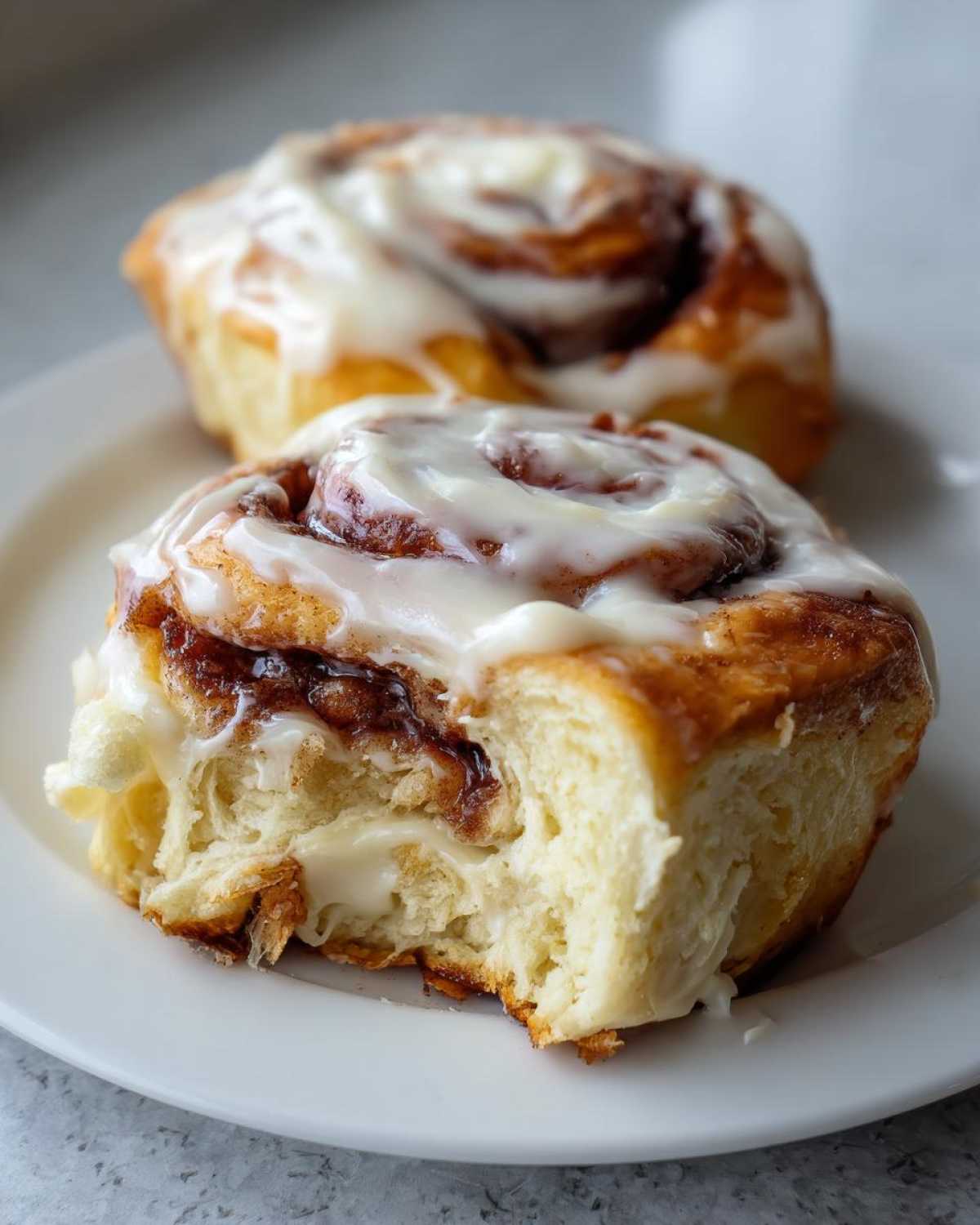 Close-up of a soft, fluffy cinnamon roll with a bite taken out, showing the gooey filling and thick cream cheese frosting.
