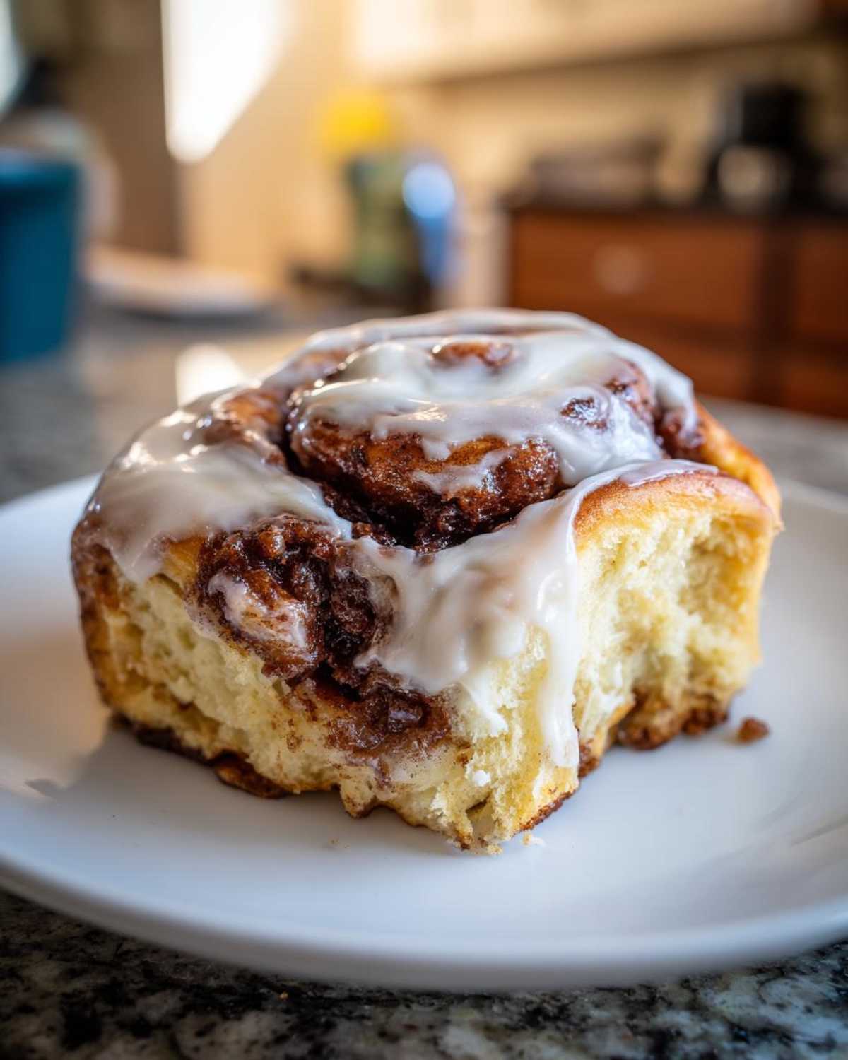 Close-up of a fluffy, freshly baked cinnamon roll topped with thick white icing.