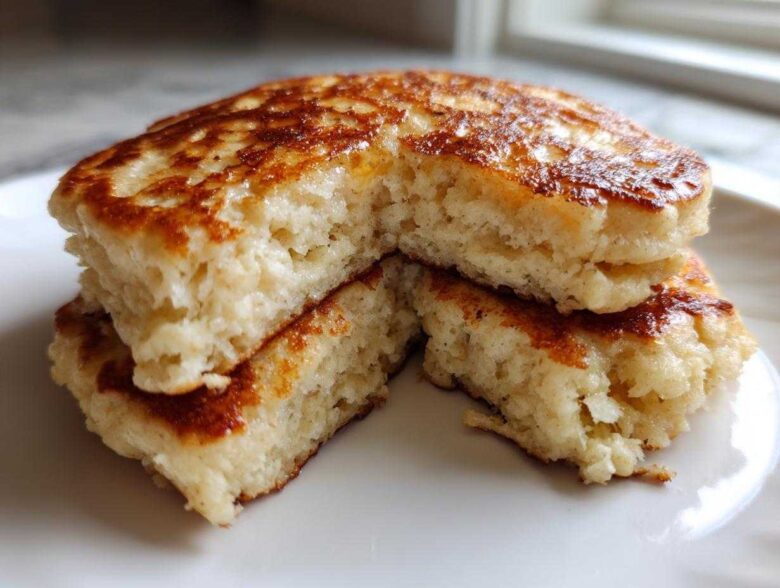 Close-up of fluffy coconut flour pancakes stacked and cut open to show the texture.