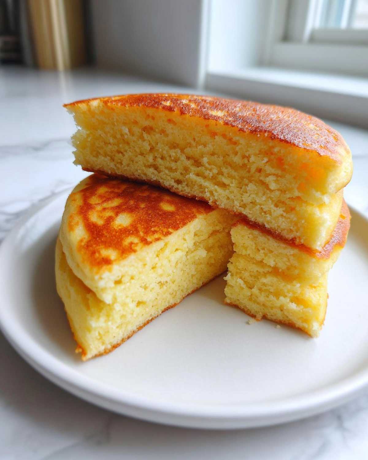 Close-up of three thick, fluffy coconut flour pancakes stacked and cut open to show the airy texture.