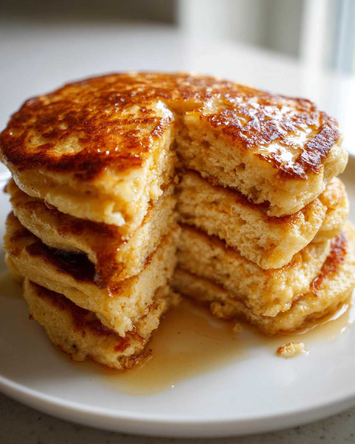 A tall stack of fluffy coconut flour pancakes with a slice removed, drizzled generously with syrup.