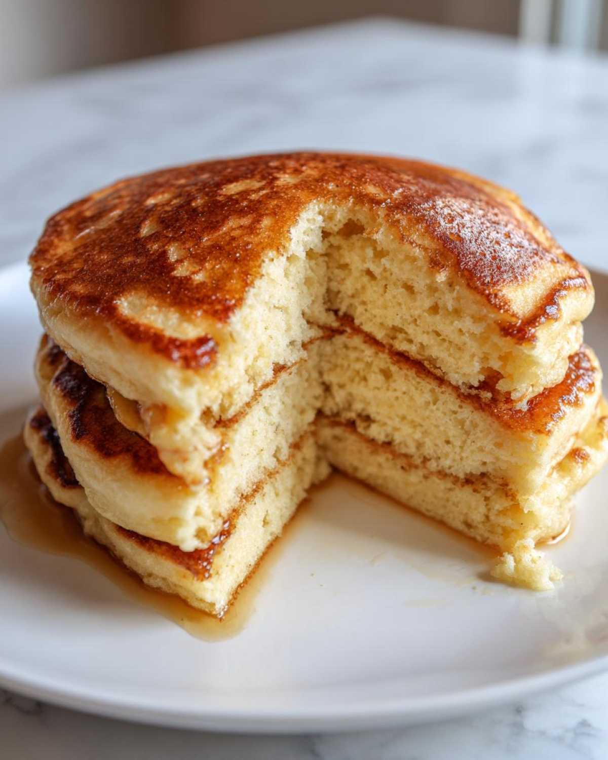 Close-up of a stack of three fluffy coconut flour pancakes cut to show the soft interior, drizzled with syrup.