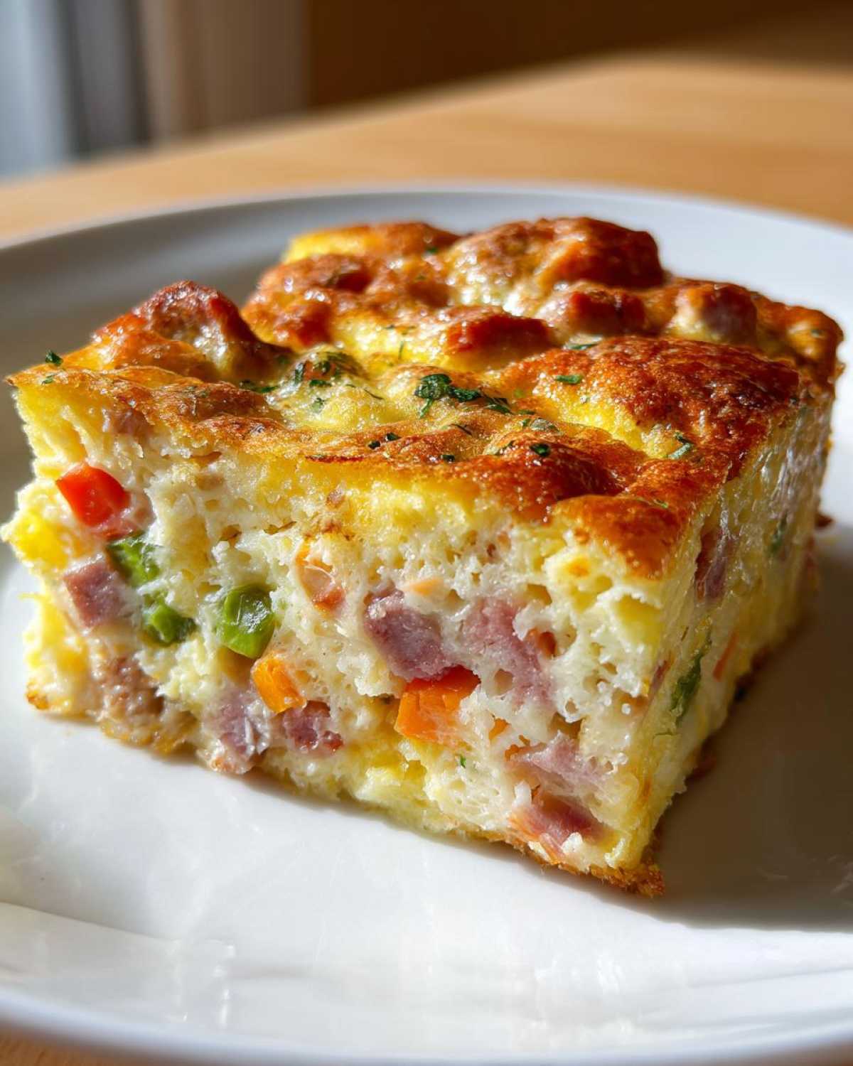 Close-up of a fluffy square slice of 12-egg bake showing chunks of ham, orange carrots, and green peppers baked into the egg.