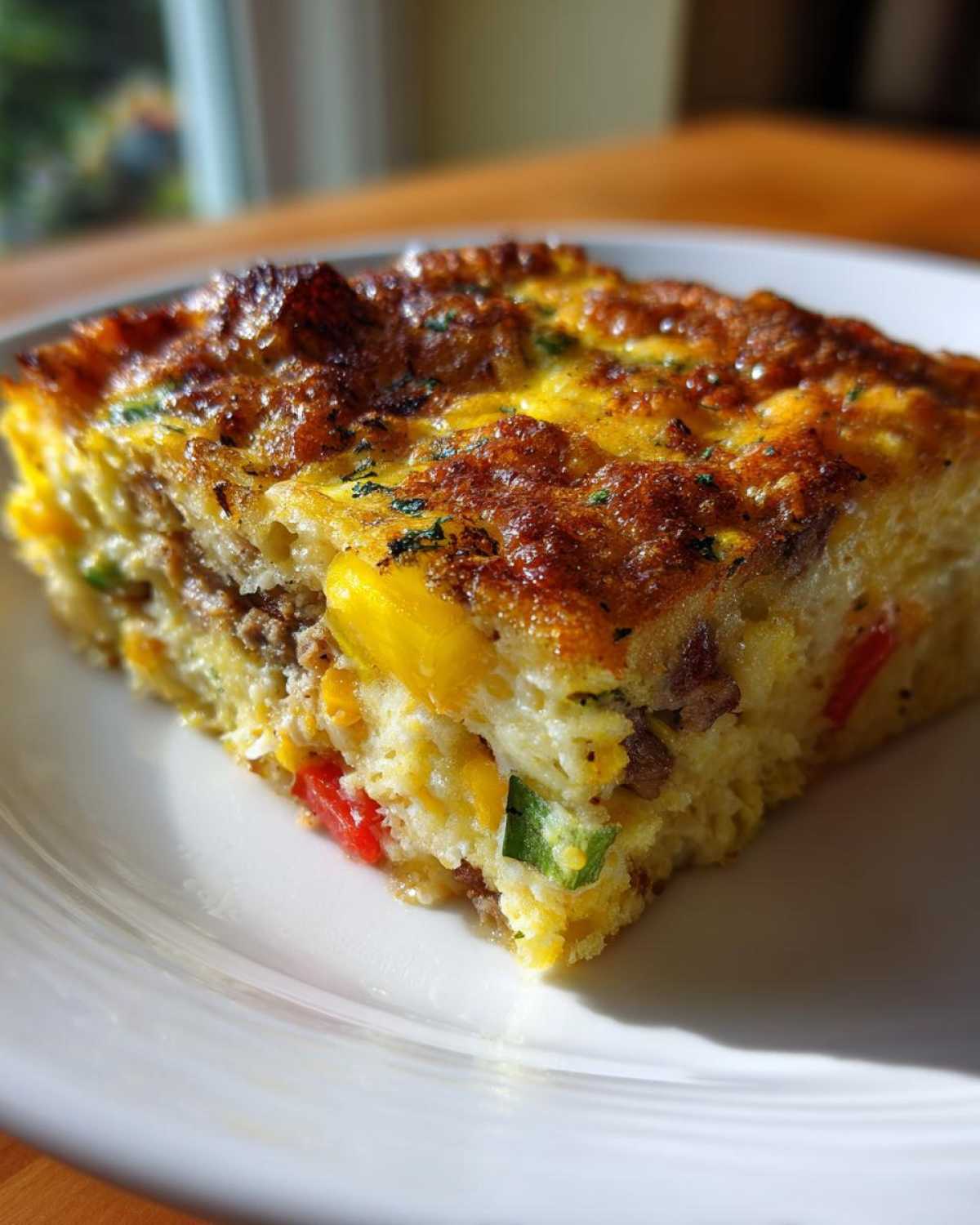Close-up of a fluffy slice of 12-egg bake showing browned top, yellow peppers, red peppers, and sausage.