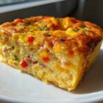 A fluffy, golden-brown slice of 12-egg bake featuring visible chunks of ham and colorful bell peppers.