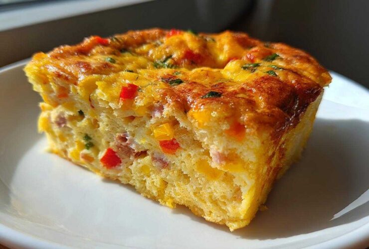A fluffy, golden-brown slice of 12-egg bake featuring visible chunks of ham and colorful bell peppers.