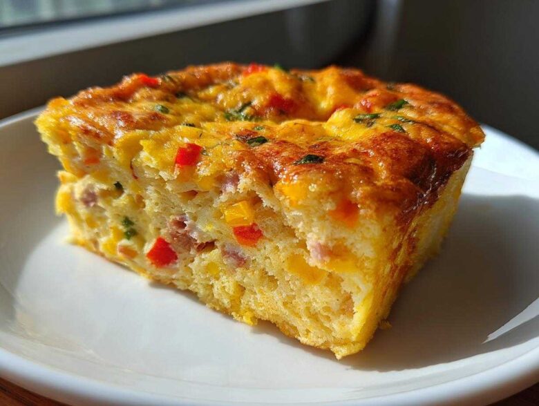 A fluffy, golden-brown slice of 12-egg bake featuring visible chunks of ham and colorful bell peppers.