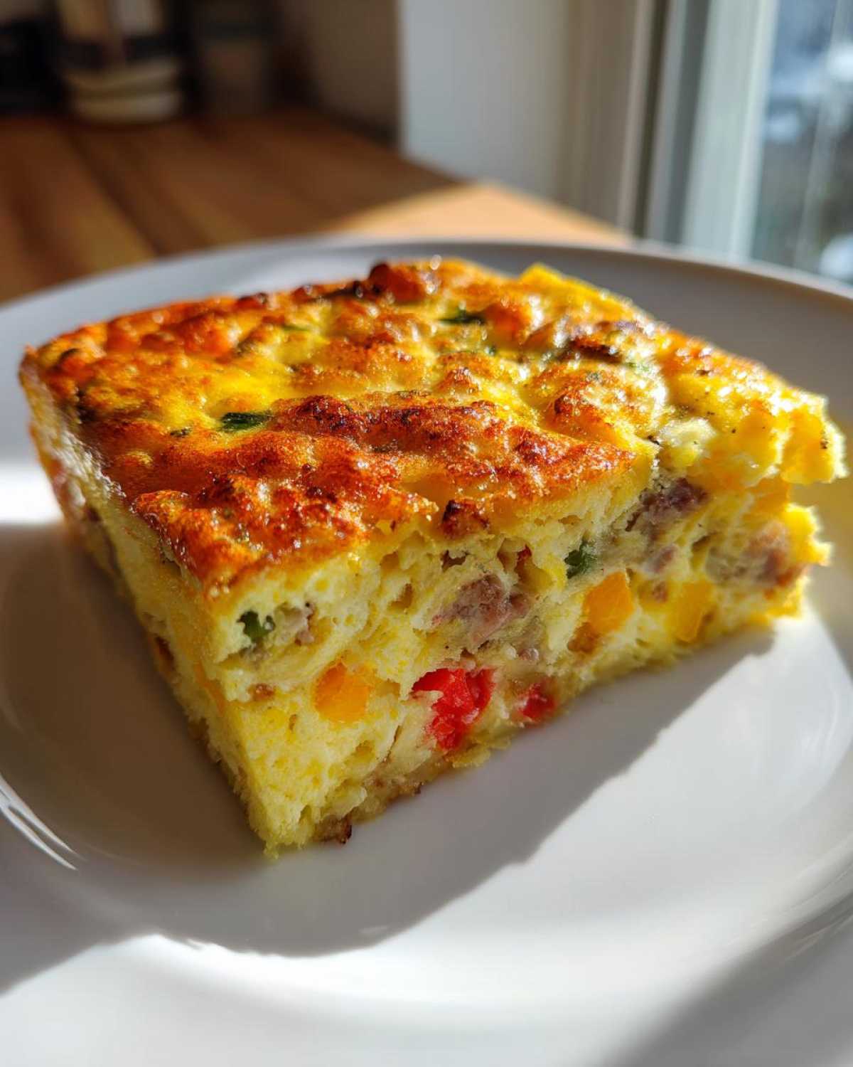 A thick, golden slice of fluffy egg bake featuring sausage, yellow, and red peppers, served on a white plate.