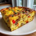 A thick, fluffy slice of savory egg bake featuring sausage, red peppers, and herbs on a white plate.