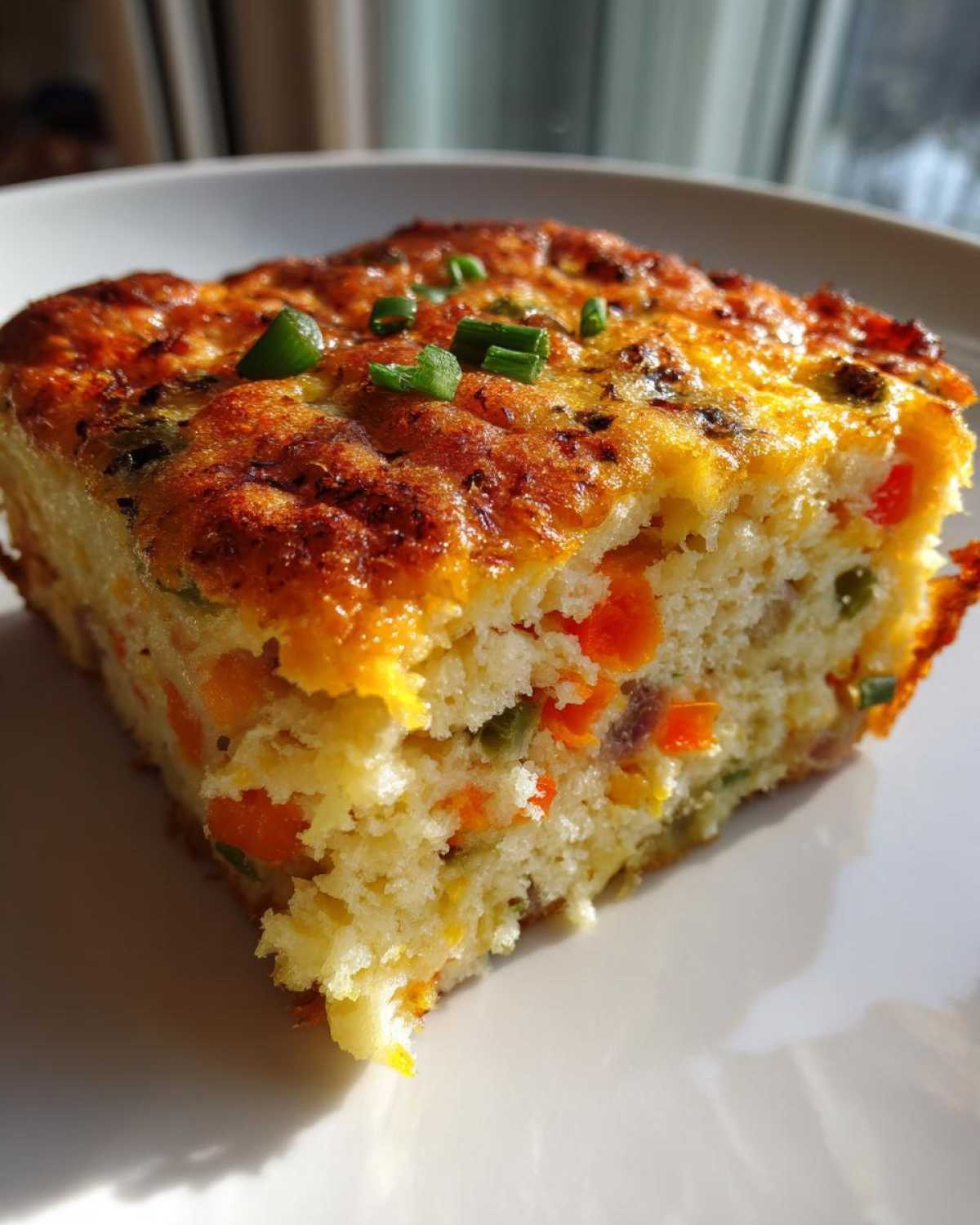 A square slice of fluffy egg bake, showing visible orange carrots and green peppers, topped with chives.