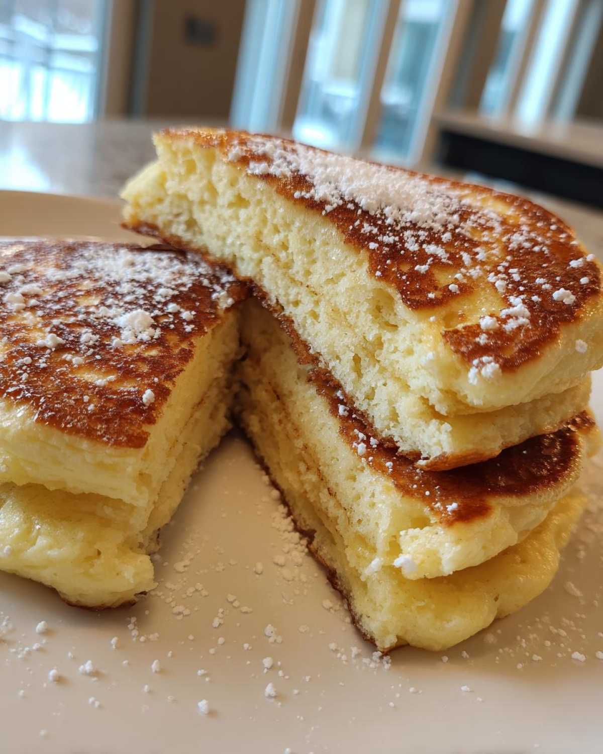 Close-up of thick, fluffy greek yogurt pancakes cut open to show the airy interior, dusted with powdered sugar.
