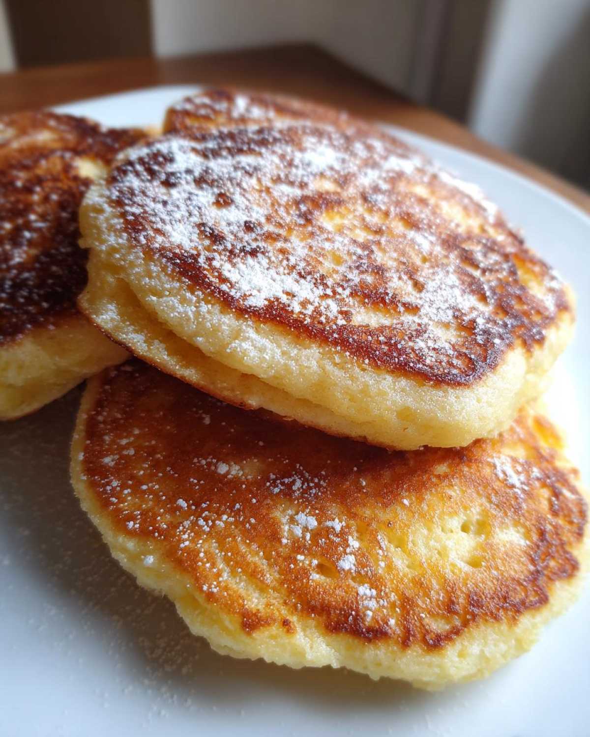 Close-up of fluffy greek yogurt pancakes stacked and lightly dusted with powdered sugar.