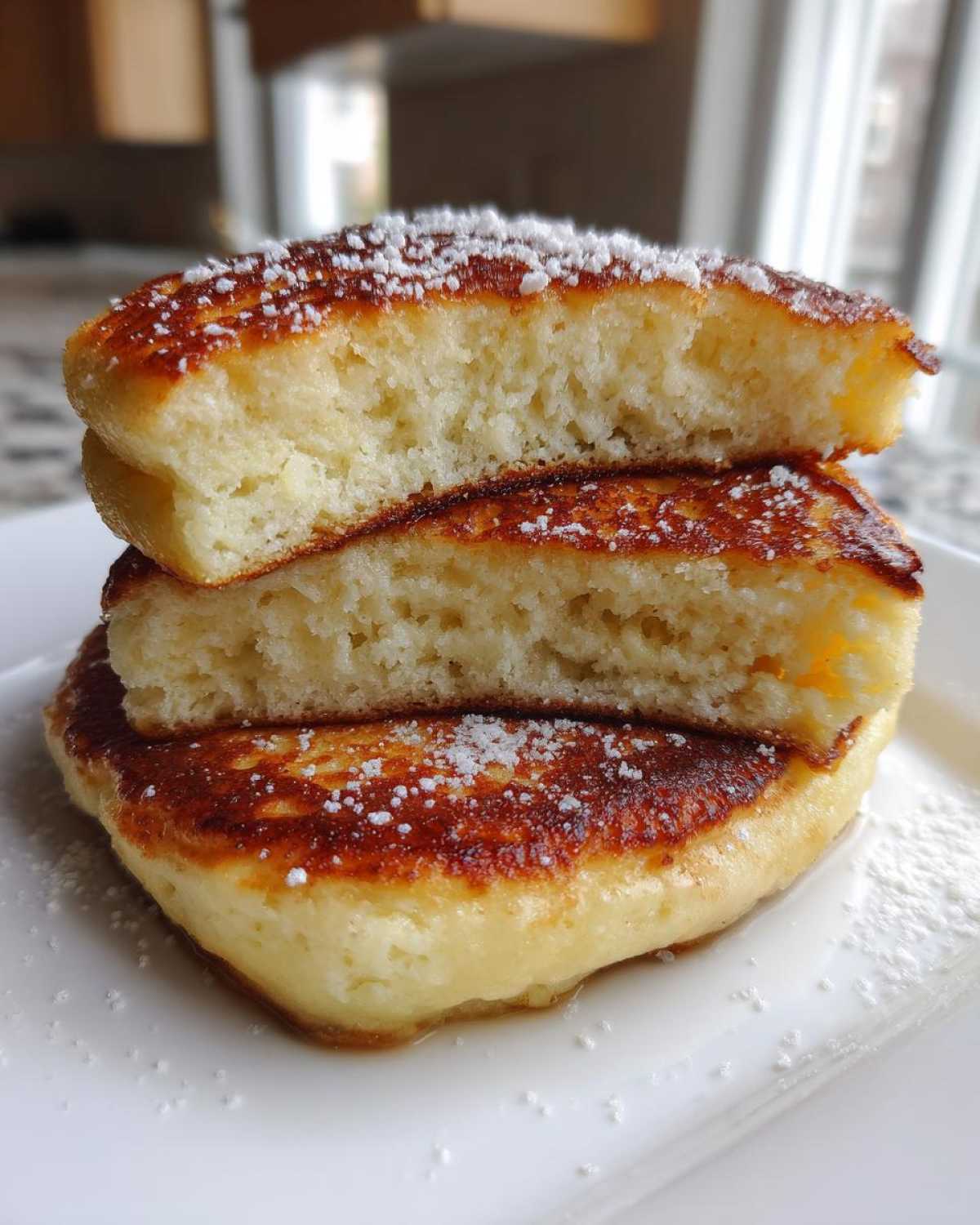 Close-up of three stacked greek yogurt pancakes, cut open to show the fluffy interior and dusted with powdered sugar.