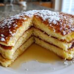 A stack of fluffy greek yogurt pancakes cut to show the interior, drizzled with syrup and dusted with powdered sugar.