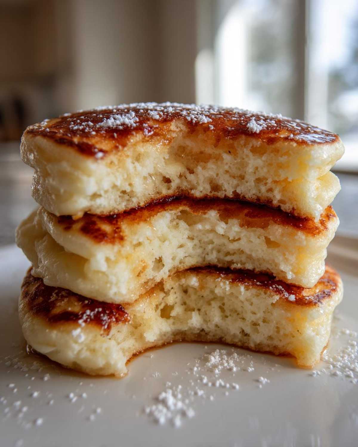 Close-up of a stack of three fluffy greek yogurt pancakes, drizzled with syrup and dusted with powdered sugar, showing a bite taken out.