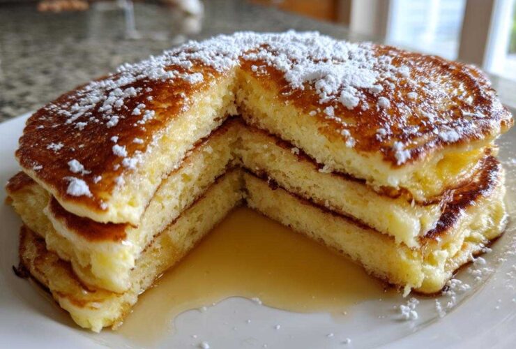 A stack of fluffy greek yogurt pancakes cut to show the interior, drizzled with syrup and dusted with powdered sugar.