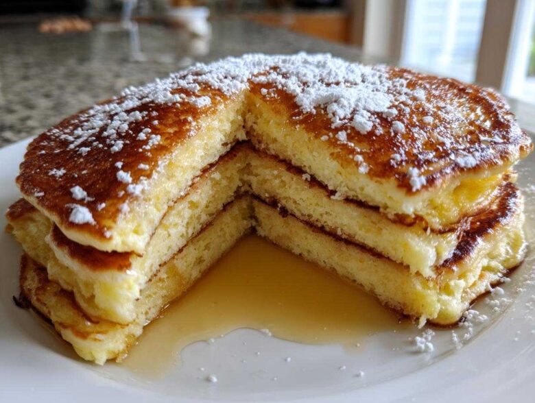 A stack of fluffy greek yogurt pancakes cut to show the interior, drizzled with syrup and dusted with powdered sugar.