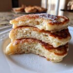 Close-up of three fluffy greek yogurt pancakes stacked, showing the airy interior texture and dusted with powdered sugar.
