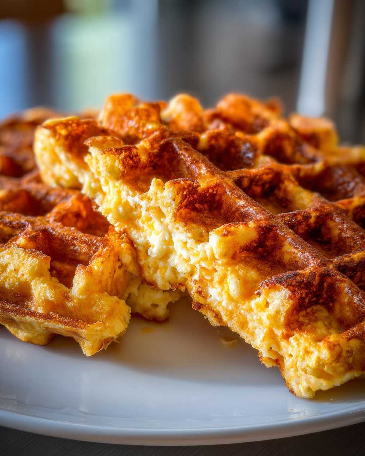 A close-up of golden-brown high protein waffles, showing the fluffy, eggy interior texture.