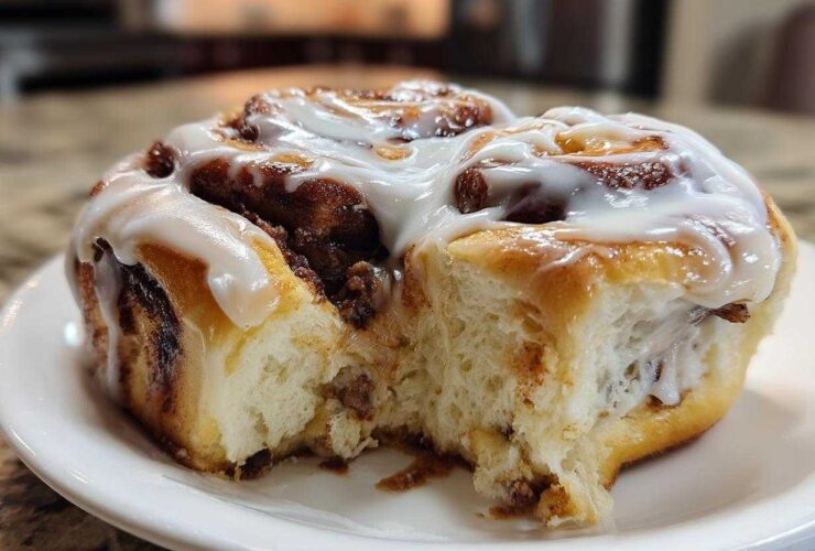 A close-up, featured image of a soft, fluffy cinnamon roll generously topped with white icing, with a piece already taken out.