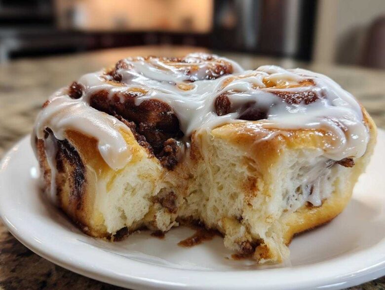 A close-up, featured image of a soft, fluffy cinnamon roll generously topped with white icing, with a piece already taken out.