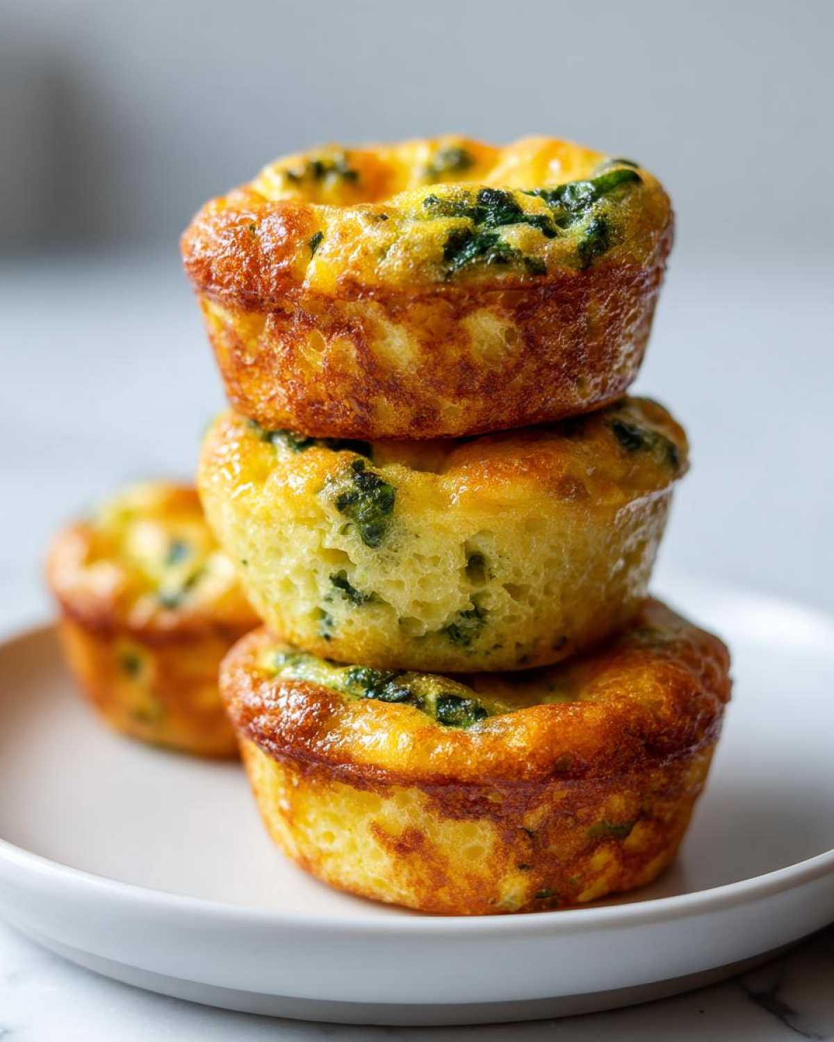 Three fluffy muffin tin egg bites stacked vertically on a white plate, showing visible green spinach pieces.