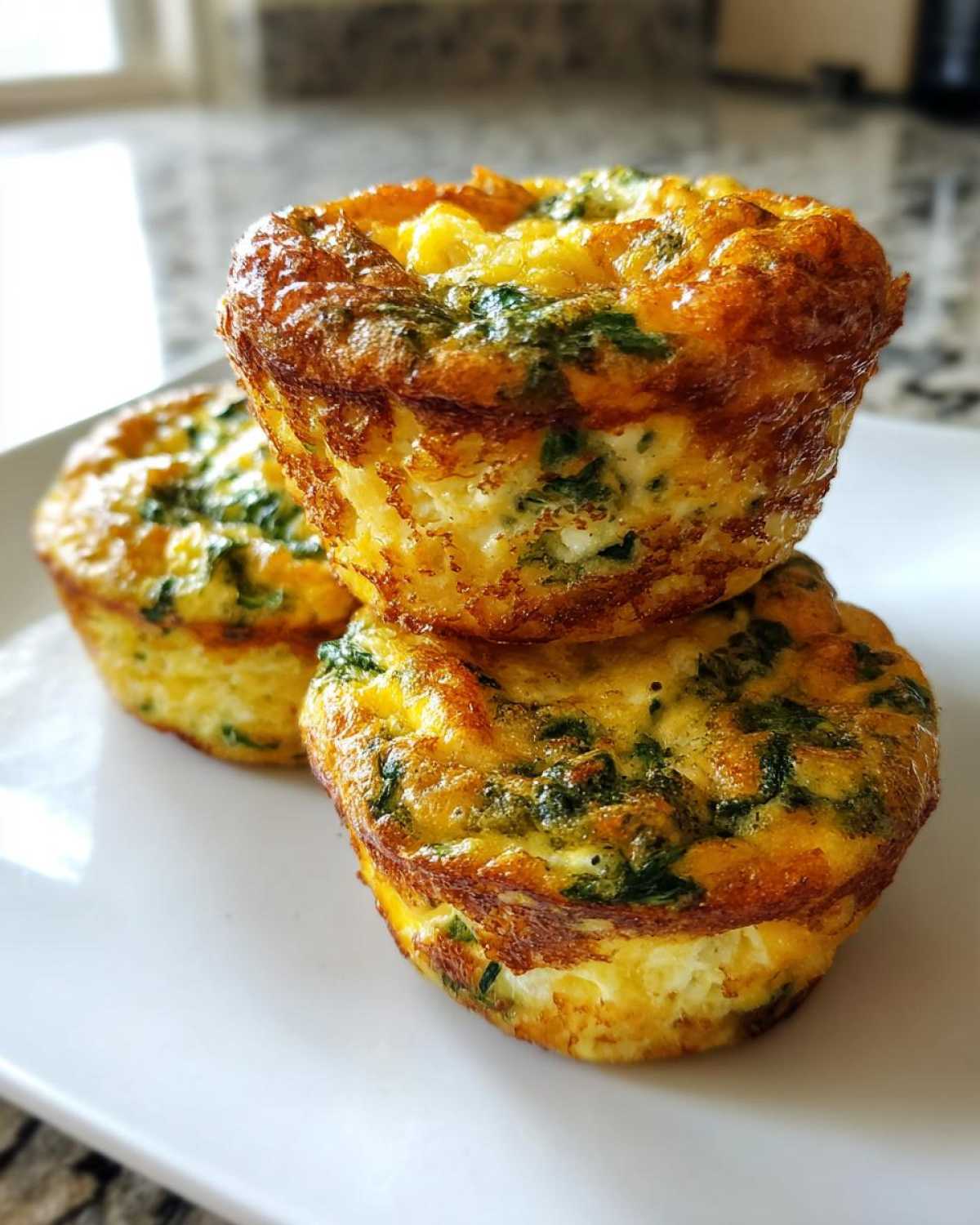 Three fluffy muffin tin egg bites, baked golden brown with visible spinach, stacked on a white plate.