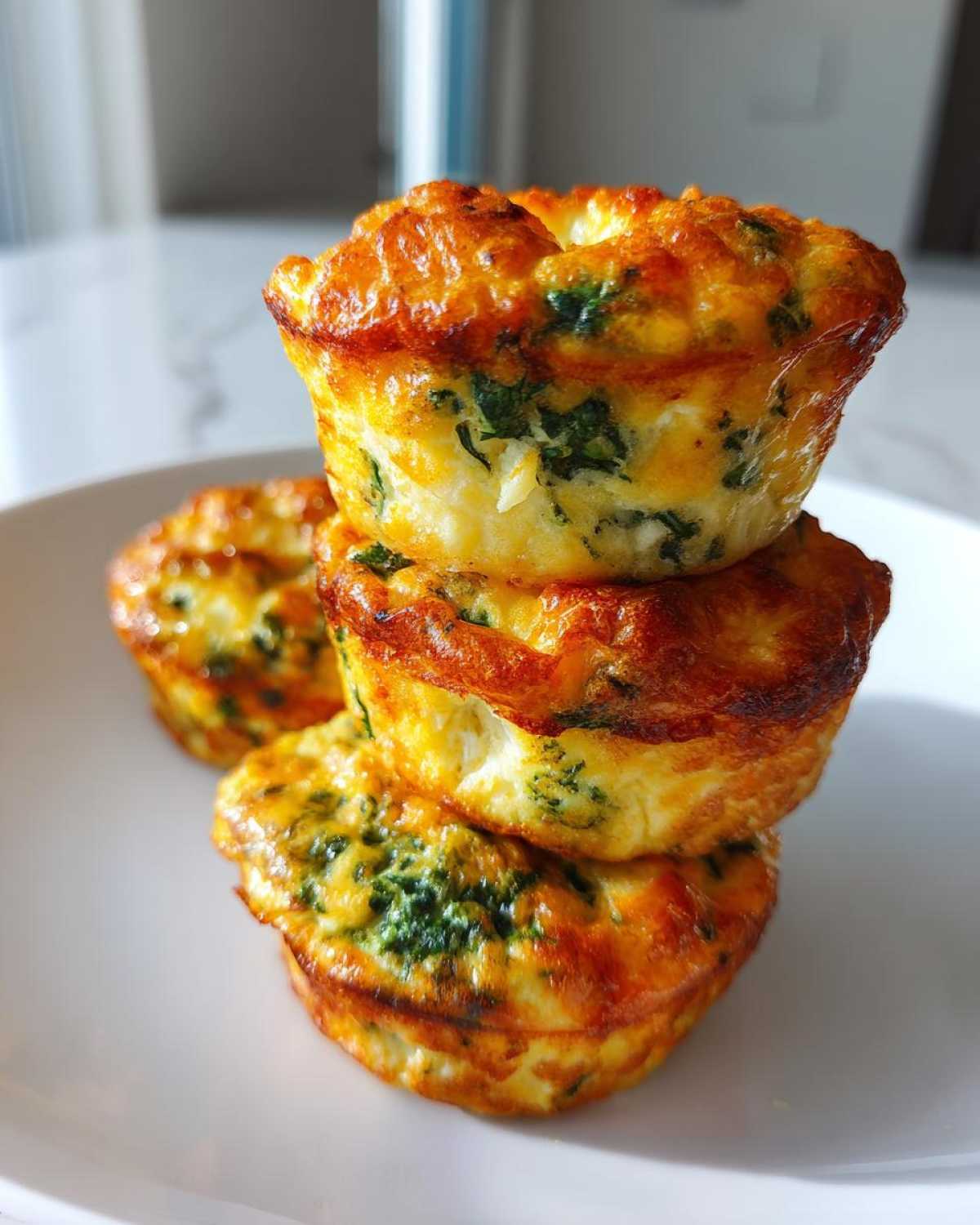 A stack of three fluffy muffin tin egg bites, golden brown with visible spinach, served on a white plate.
