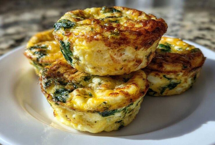 A stack of four fluffy muffin tin egg bites, featuring visible spinach and golden-brown tops, served on a white plate.