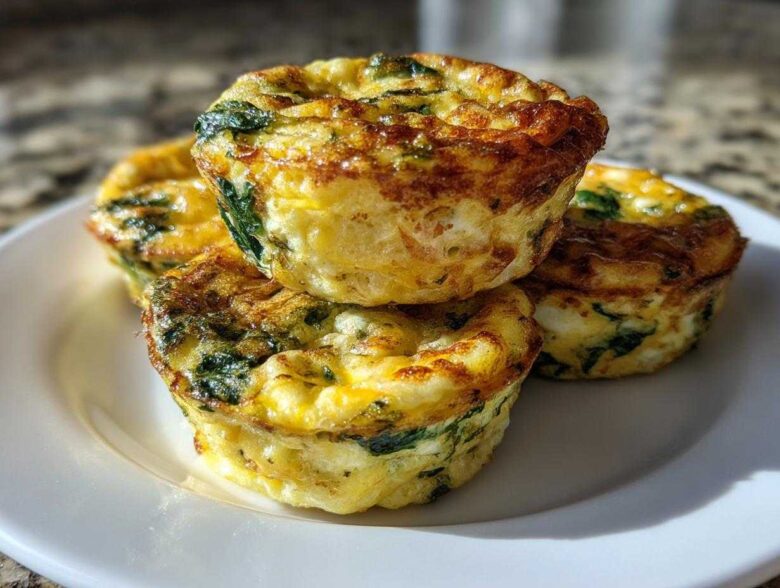 A stack of four fluffy muffin tin egg bites, featuring visible spinach and golden-brown tops, served on a white plate.